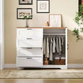 43.3 Low Wardrobe Armoire Closet with Hanging Rod & 4 Storage Drawers, Wooden Freestanding 2-Door Dresser Cabinet Organizer for Bedroom