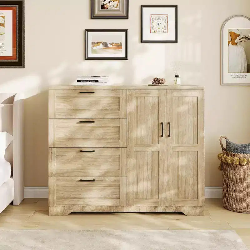 Armadio basso 43.3 con asta appendiabiti e 4 cassetti, mobile a 2 ante in legno con organizer per camera da letto