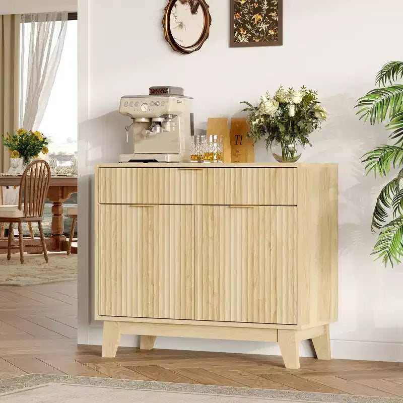 Credenza a Buffet con Scanalature, Ripiano Regolabile e Cassetto per Sala da Pranzo Cucina Soggiorno