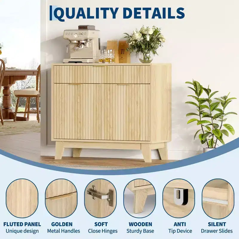 Credenza a Buffet con Scanalature, Ripiano Regolabile e Cassetto per Sala da Pranzo Cucina Soggiorno