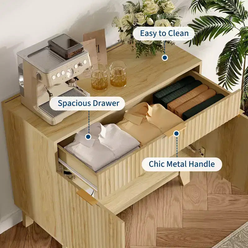 Credenza a Buffet con Scanalature, Ripiano Regolabile e Cassetto per Sala da Pranzo Cucina Soggiorno