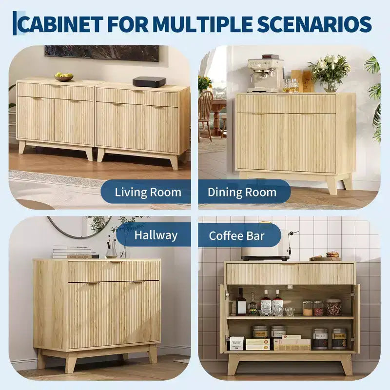 Credenza a Buffet con Scanalature, Ripiano Regolabile e Cassetto per Sala da Pranzo Cucina Soggiorno