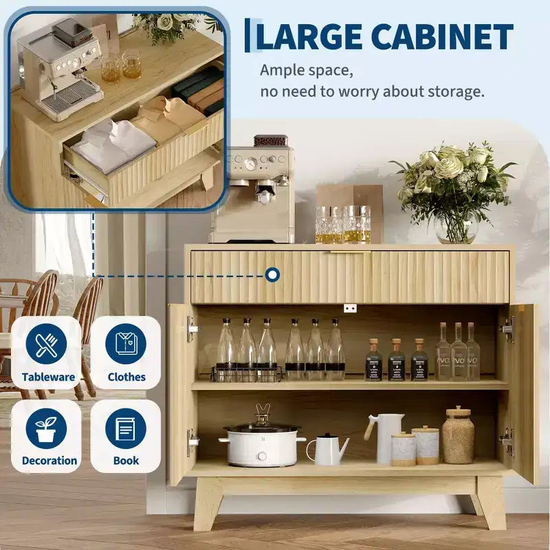 Credenza a Buffet con Scanalature, Ripiano Regolabile e Cassetto per Sala da Pranzo Cucina Soggiorno