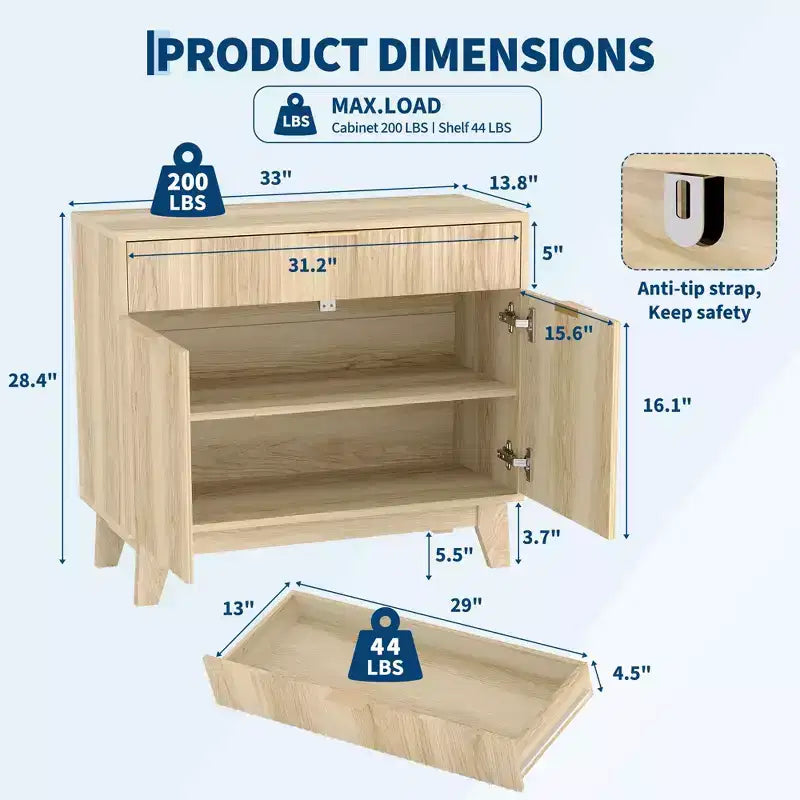 Credenza a Buffet con Scanalature, Ripiano Regolabile e Cassetto per Sala da Pranzo Cucina Soggiorno
