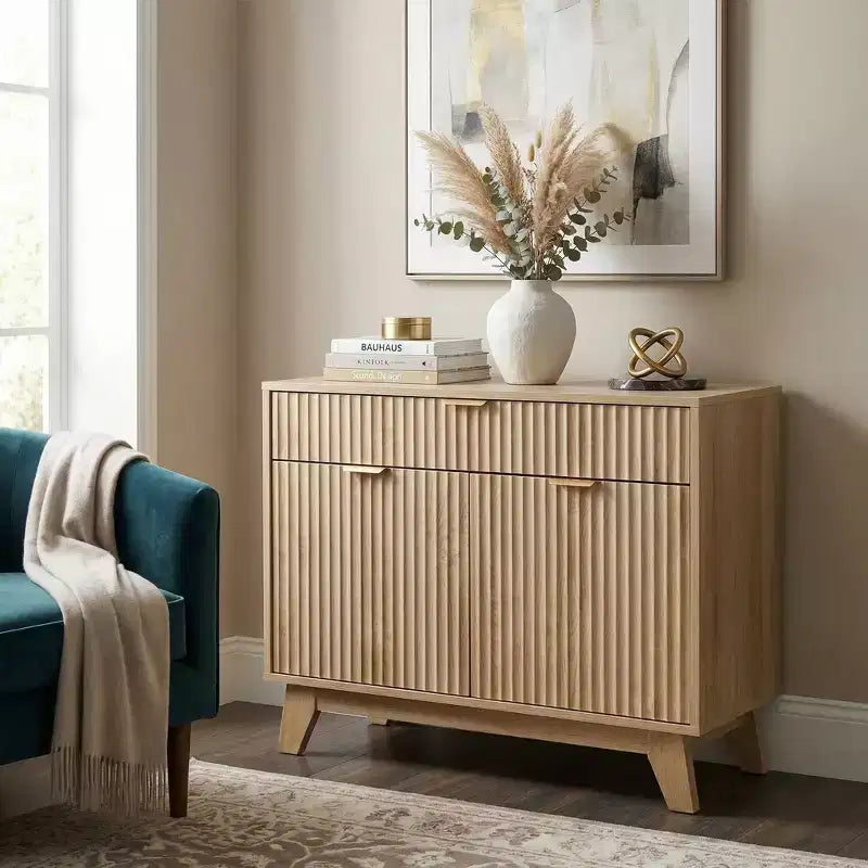 Credenza a Buffet con Scanalature, Ripiano Regolabile e Cassetto per Sala da Pranzo Cucina Soggiorno