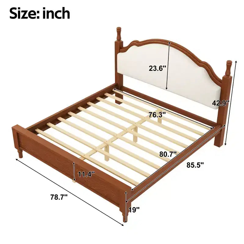 Letto a piattaforma in legno con testiera curva imbottita, pino e MDF