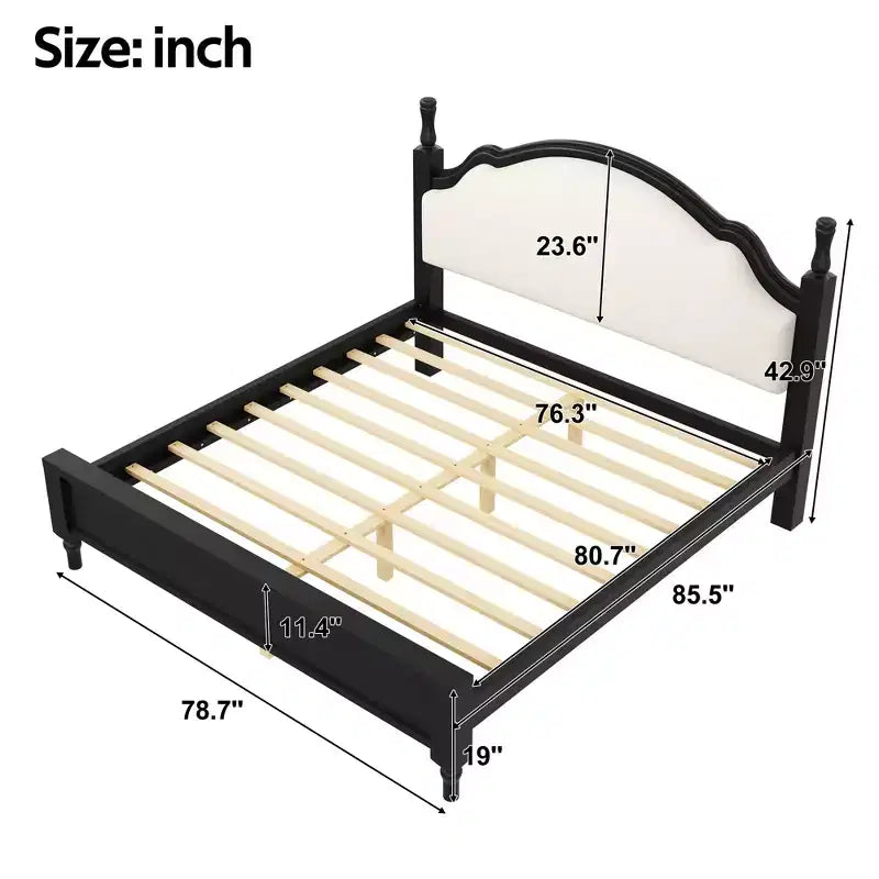 Letto a piattaforma in legno con testiera curva imbottita, pino e MDF