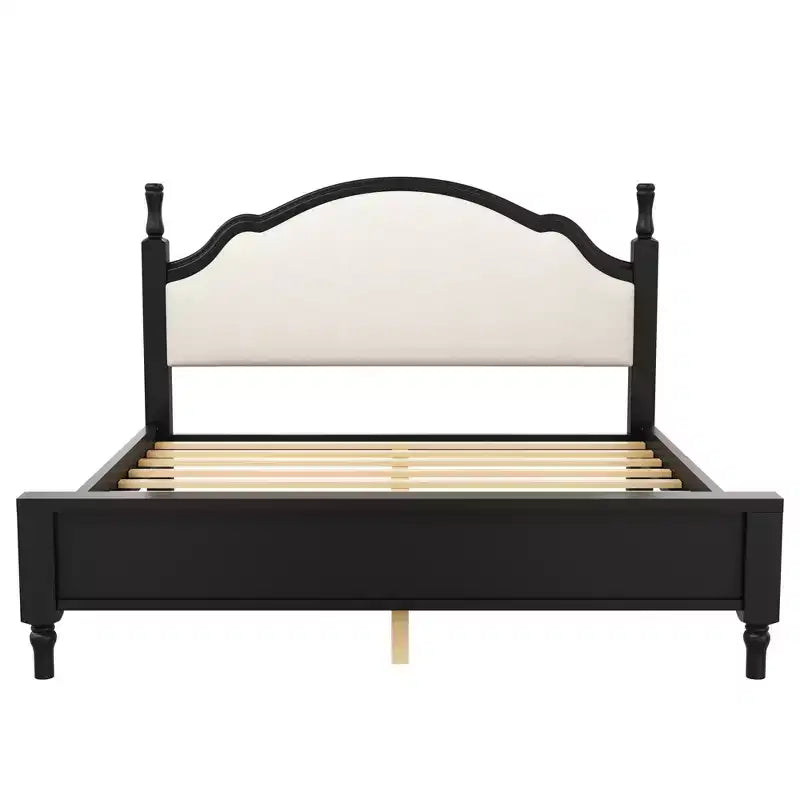 Letto a piattaforma in legno con testiera curva imbottita, pino e MDF