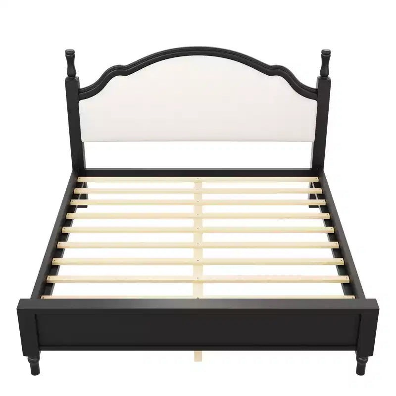Letto a piattaforma in legno con testiera curva imbottita, pino e MDF