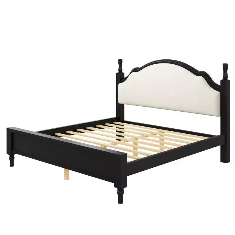 Letto a piattaforma in legno con testiera curva imbottita, pino e MDF