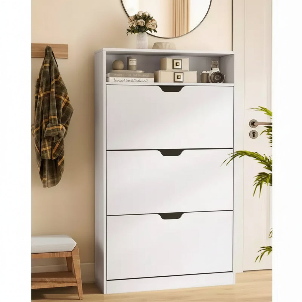 VASAGLE CUSTOS Collection - Shoe Cabinet, Open Compartment, Adjustable and Removable Dividers, 3 Flip Drawers, for 21-24 Pairs, Cloud White