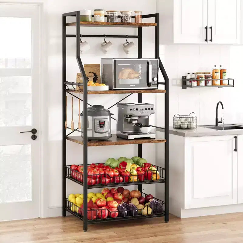 5-Tier Industrial Kitchen Bakers Rack with 2 Wire Baskets and 8 Hooks, Space-Saving Freestanding Microwave Stand and Coffee Bar Station