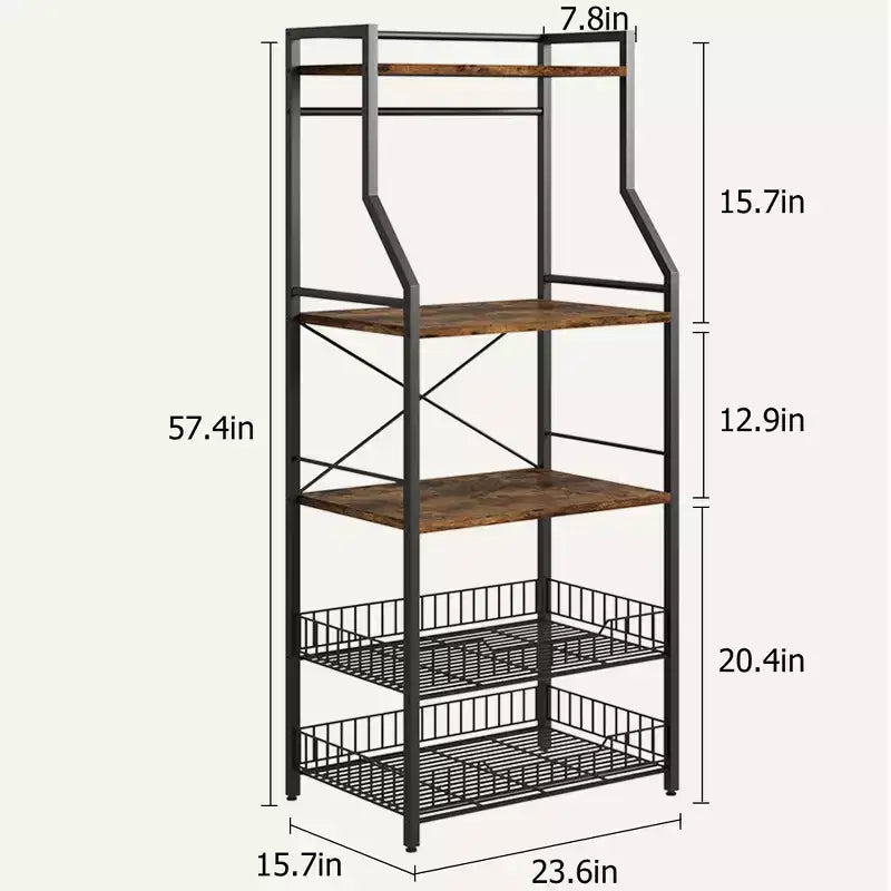 Scaffale da Cucina Industriale a 5 Ripiani con 2 Cesti in Filo e 8 Ganci, Supporto da Forno a Microonde Indipendente Salvaspazio e Stazione Caffè