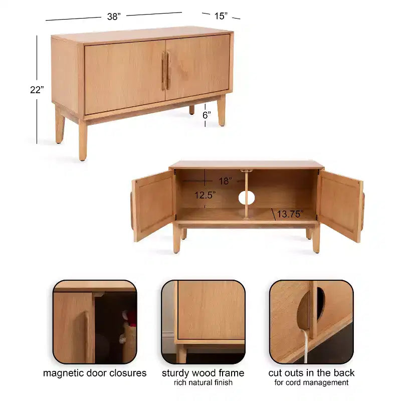 Mobile TV in legno con doppie ante e ripiano regolabile, 38"W