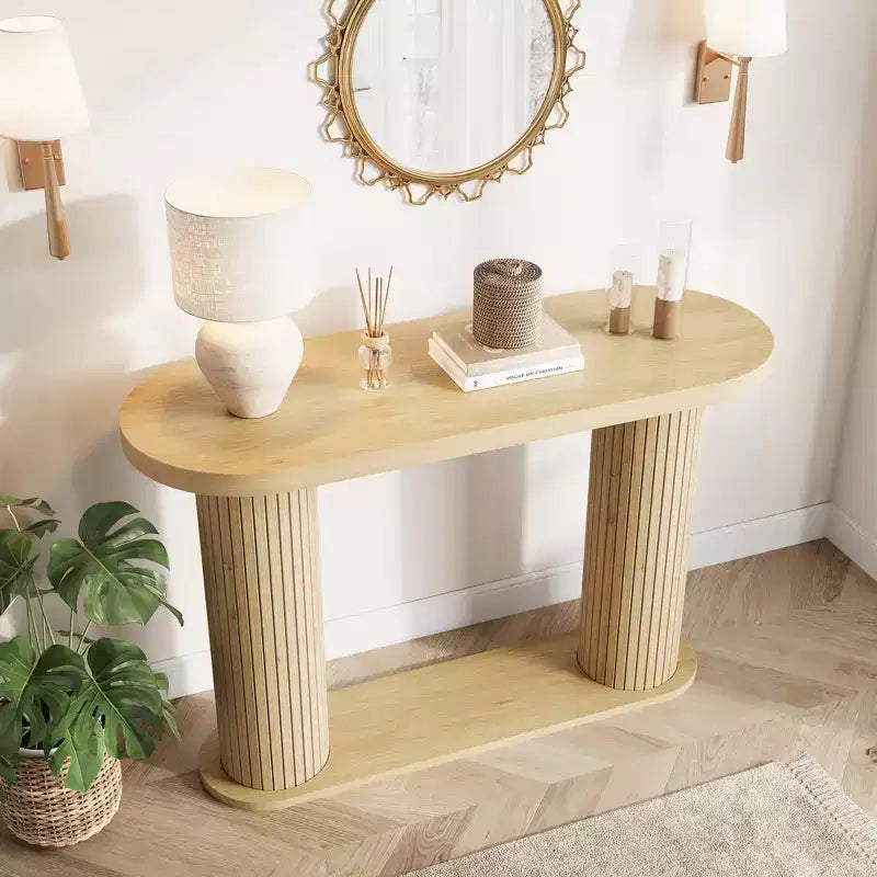 Consolle in Legno Scanalato da 108 cm, Tavolino Stretto per Divano Ingresso con Ripiano Portaoggetti Dietro al Divano, Espositore Moderno per Corridoio e Soggiorno