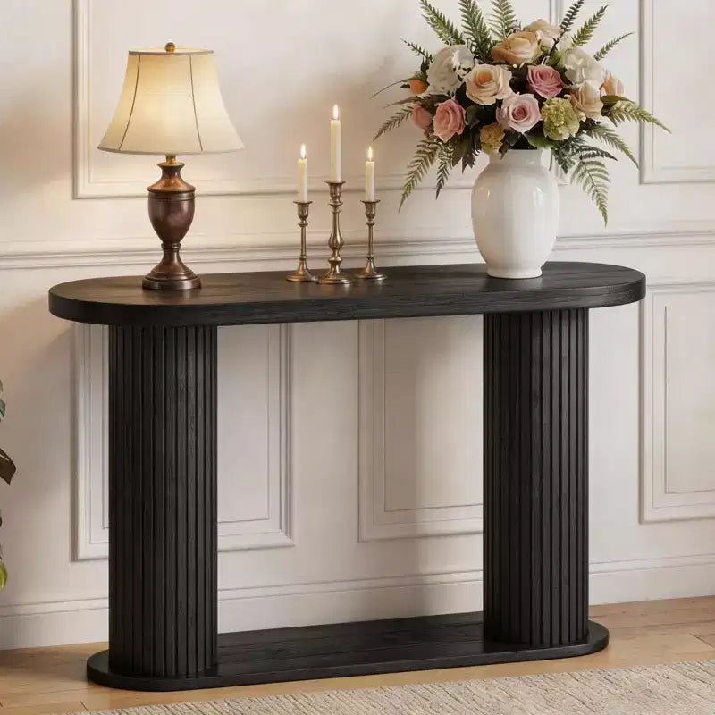 42.5 Fluted Wood Console Table, Narrow Sofa Entryway Table w/ Storage Shelf Behind Couch, Modern Display Stand for Hallway & Living Room