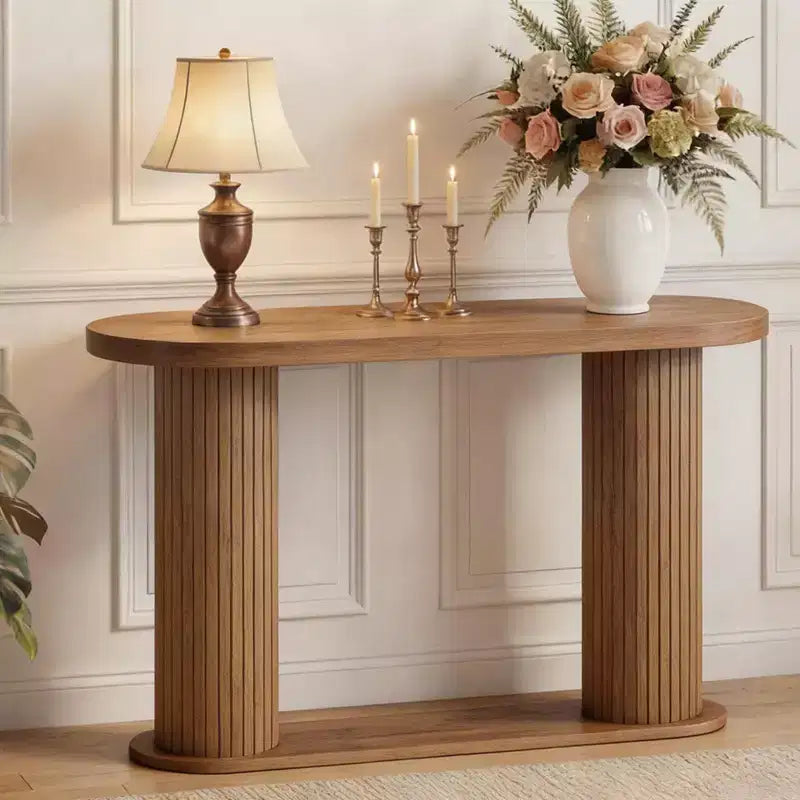 Consolle in Legno Scanalato da 108 cm, Tavolino Stretto per Divano Ingresso con Ripiano Portaoggetti Dietro al Divano, Espositore Moderno per Corridoio e Soggiorno