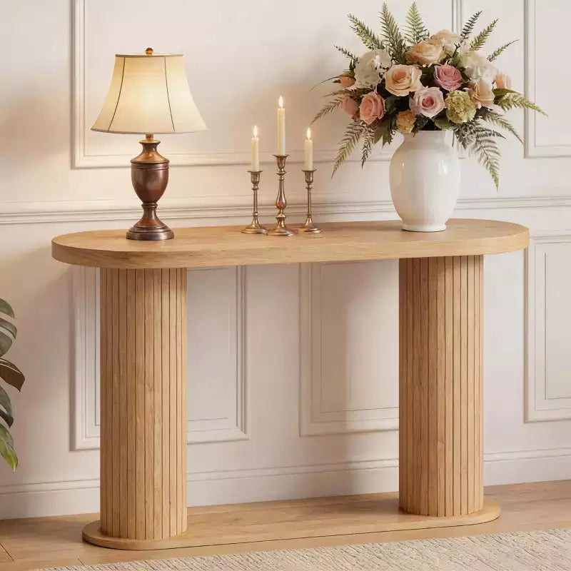 Consolle in Legno Scanalato da 108 cm, Tavolino Stretto per Divano Ingresso con Ripiano Portaoggetti Dietro al Divano, Espositore Moderno per Corridoio e Soggiorno