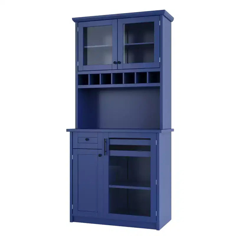 Credenza rustica autoportante con cristalliera, armadio alto da cucina con portabottiglie e ripiani regolabili per sala da pranzo