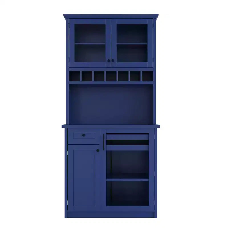 Credenza rustica autoportante con cristalliera, armadio alto da cucina con portabottiglie e ripiani regolabili per sala da pranzo