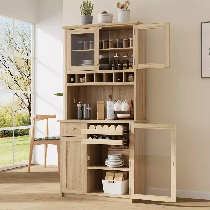 Credenza rustica autoportante con cristalliera, armadio alto da cucina con portabottiglie e ripiani regolabili per sala da pranzo