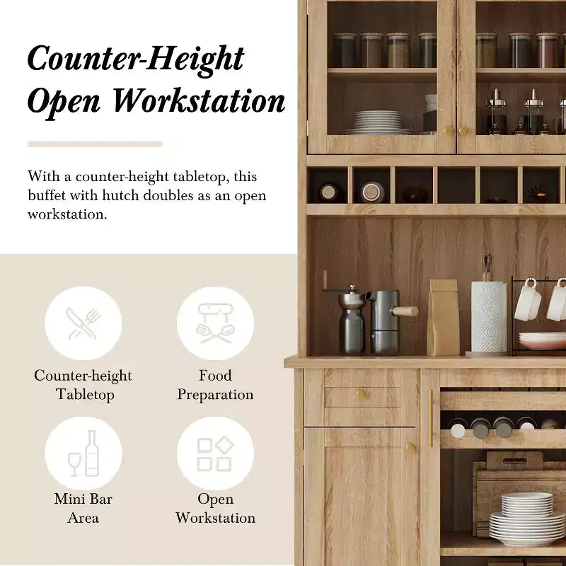 Credenza rustica autoportante con cristalliera, armadio alto da cucina con portabottiglie e ripiani regolabili per sala da pranzo