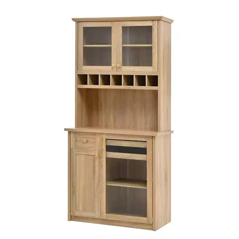 Credenza rustica autoportante con cristalliera, armadio alto da cucina con portabottiglie e ripiani regolabili per sala da pranzo