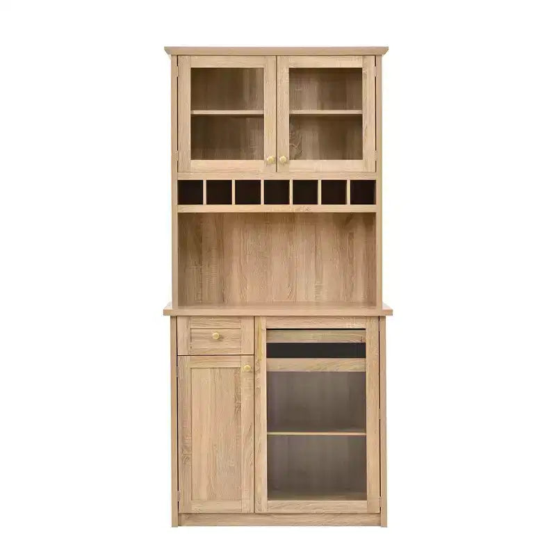 Credenza rustica autoportante con cristalliera, armadio alto da cucina con portabottiglie e ripiani regolabili per sala da pranzo