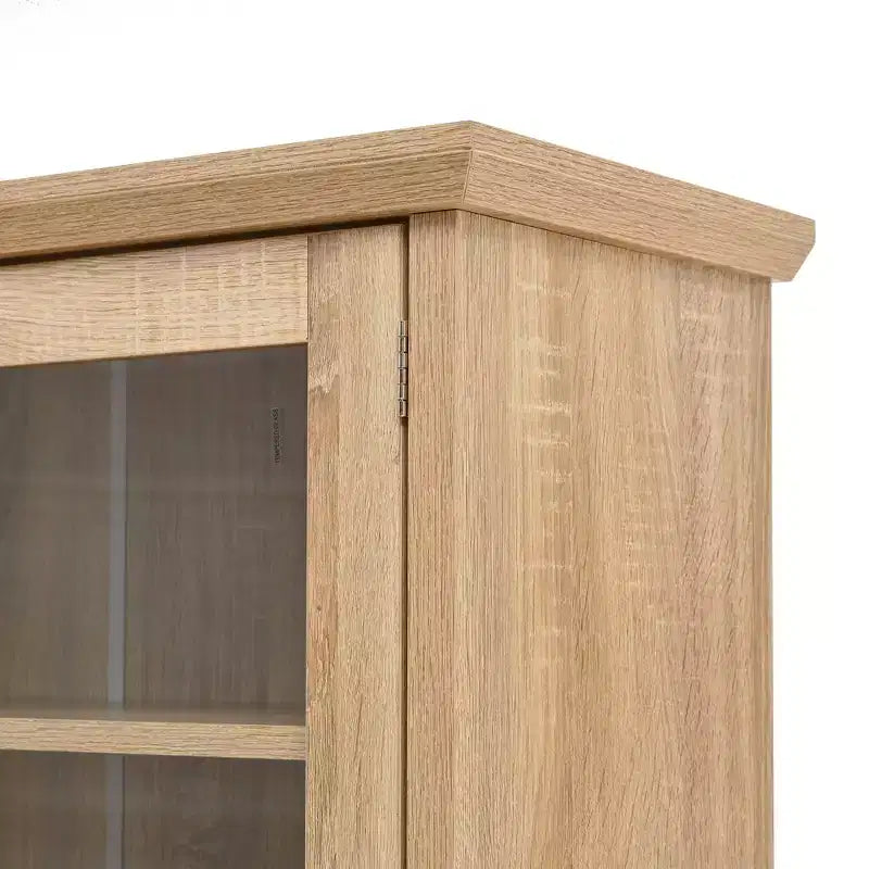 Credenza rustica autoportante con cristalliera, armadio alto da cucina con portabottiglie e ripiani regolabili per sala da pranzo