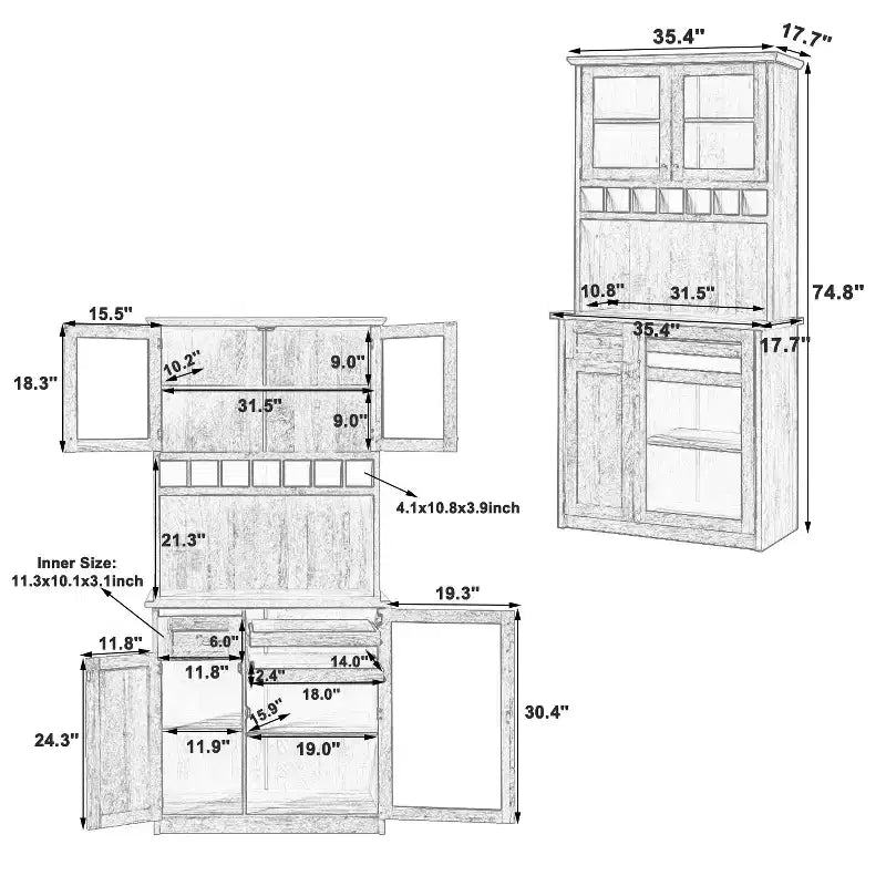 Credenza rustica autoportante con cristalliera, armadio alto da cucina con portabottiglie e ripiani regolabili per sala da pranzo