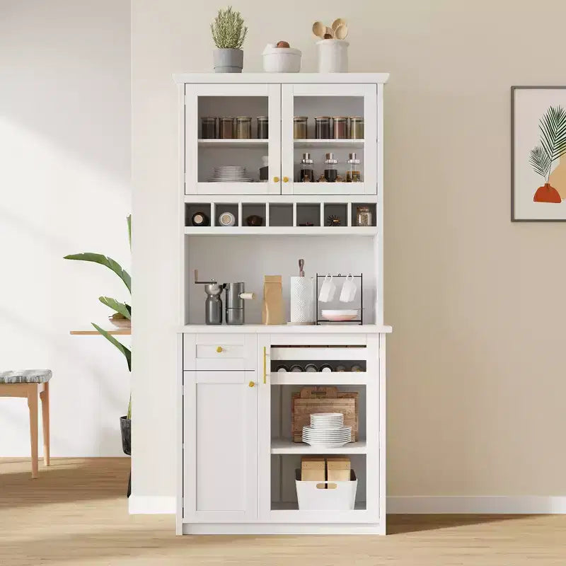 Credenza rustica autoportante con cristalliera, armadio alto da cucina con portabottiglie e ripiani regolabili per sala da pranzo