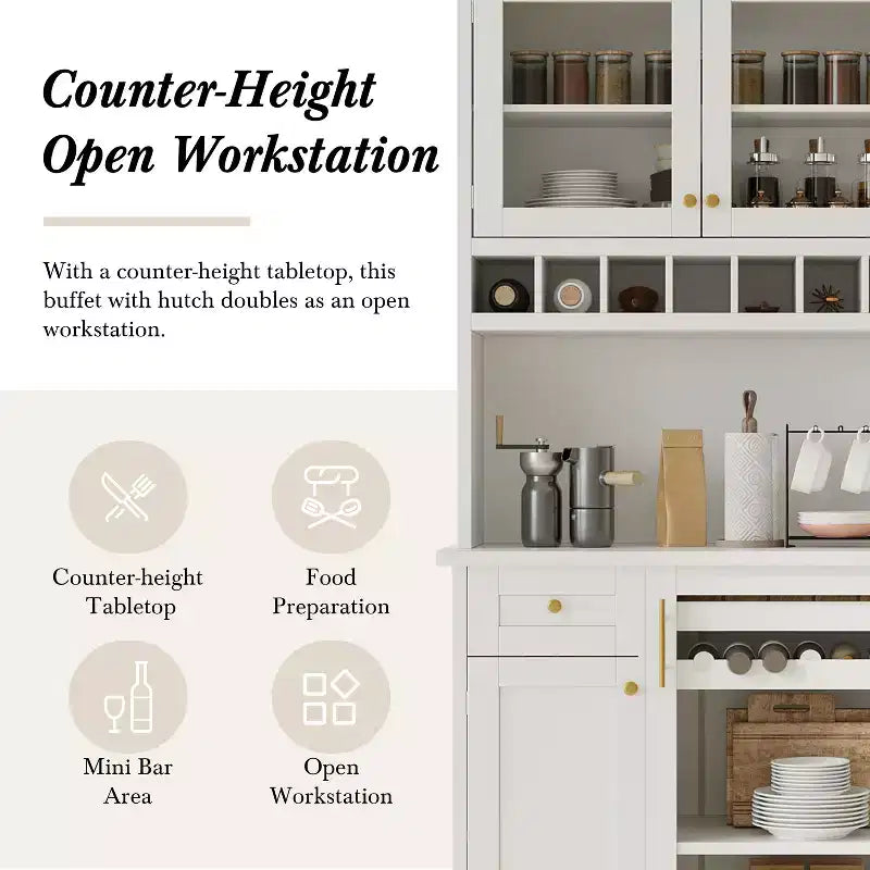 Credenza rustica autoportante con cristalliera, armadio alto da cucina con portabottiglie e ripiani regolabili per sala da pranzo
