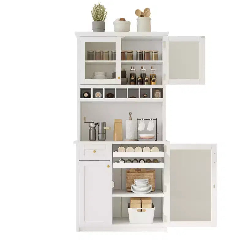 Credenza rustica autoportante con cristalliera, armadio alto da cucina con portabottiglie e ripiani regolabili per sala da pranzo