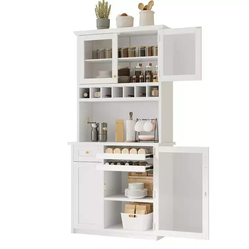 Credenza rustica autoportante con cristalliera, armadio alto da cucina con portabottiglie e ripiani regolabili per sala da pranzo