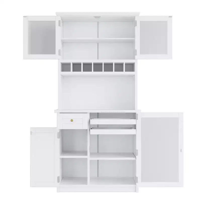 Credenza rustica autoportante con cristalliera, armadio alto da cucina con portabottiglie e ripiani regolabili per sala da pranzo