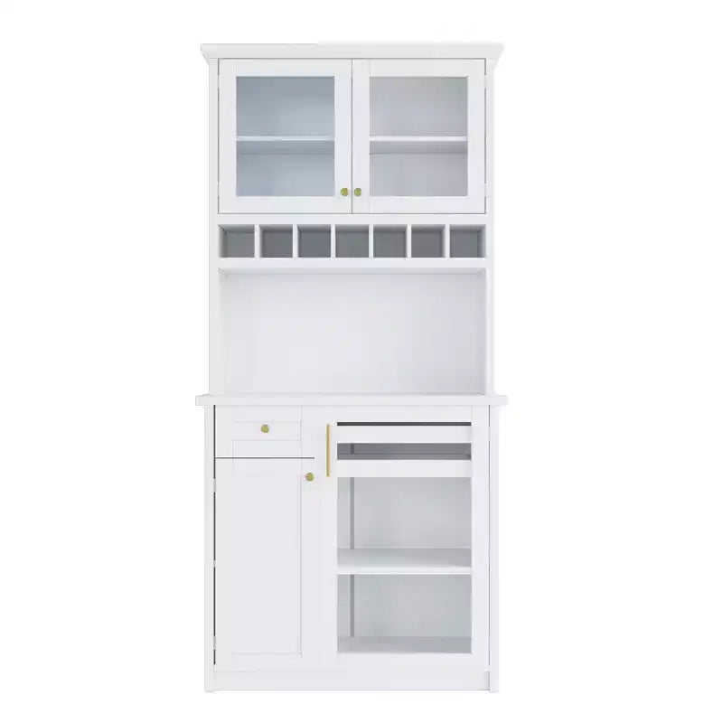 Credenza rustica autoportante con cristalliera, armadio alto da cucina con portabottiglie e ripiani regolabili per sala da pranzo