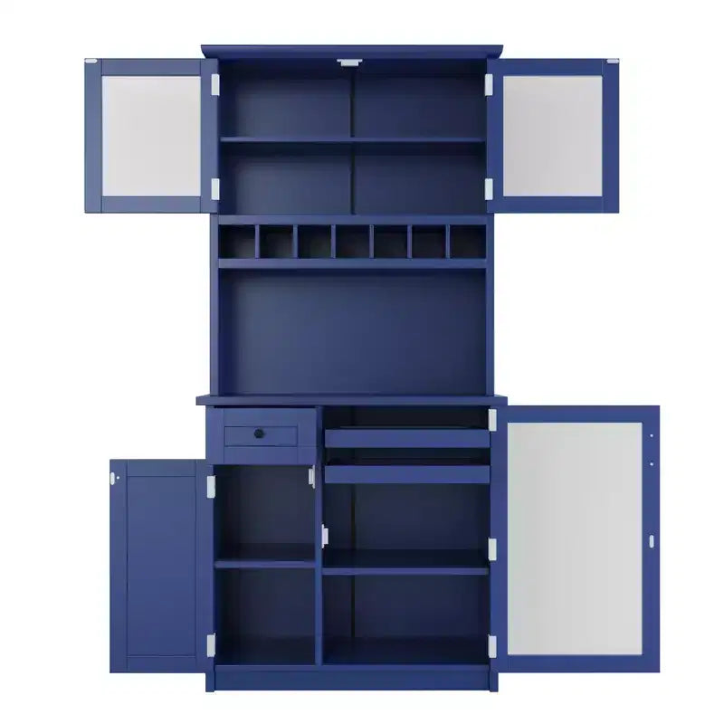 Credenza rustica autoportante con cristalliera, armadio alto da cucina con portabottiglie e ripiani regolabili per sala da pranzo