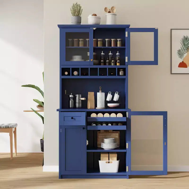 Farmhouse Freestanding Buffet with Hutch, Tall Kitchen Pantry Storage Cabinet with Wine Rack and Adjustable Shelves for Dining Room