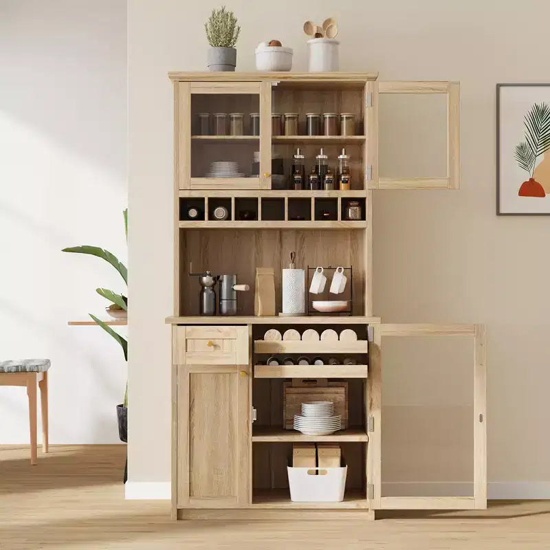 Credenza rustica autoportante con cristalliera, armadio alto da cucina con portabottiglie e ripiani regolabili per sala da pranzo