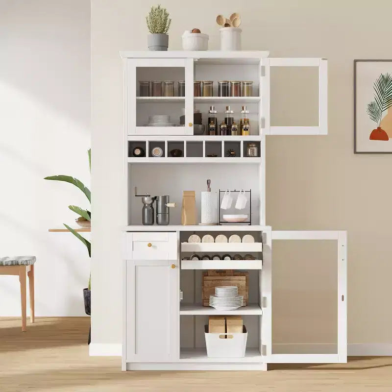 Credenza rustica autoportante con cristalliera, armadio alto da cucina con portabottiglie e ripiani regolabili per sala da pranzo