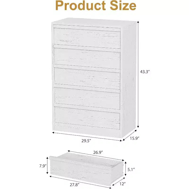 Comò moderno a 5 cassetti con ampio spazio di archiviazione per camera da letto, soggiorno, cameretta, ingresso, bianco