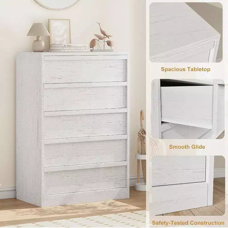 Comò moderno a 5 cassetti con ampio spazio di archiviazione per camera da letto, soggiorno, cameretta, ingresso, bianco