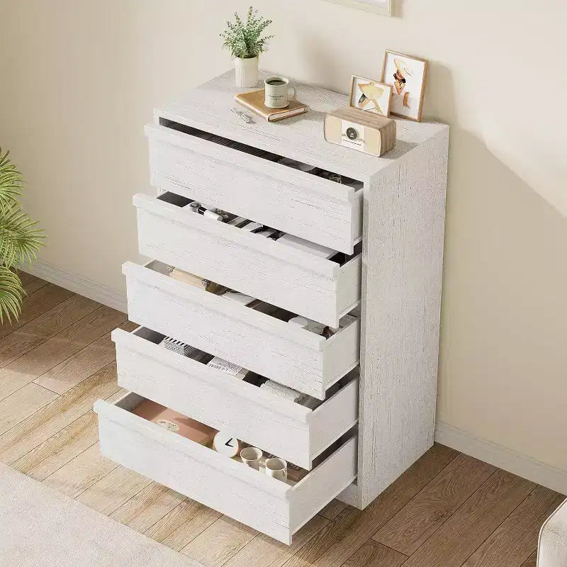 Comò moderno a 5 cassetti con ampio spazio di archiviazione per camera da letto, soggiorno, cameretta, ingresso, bianco