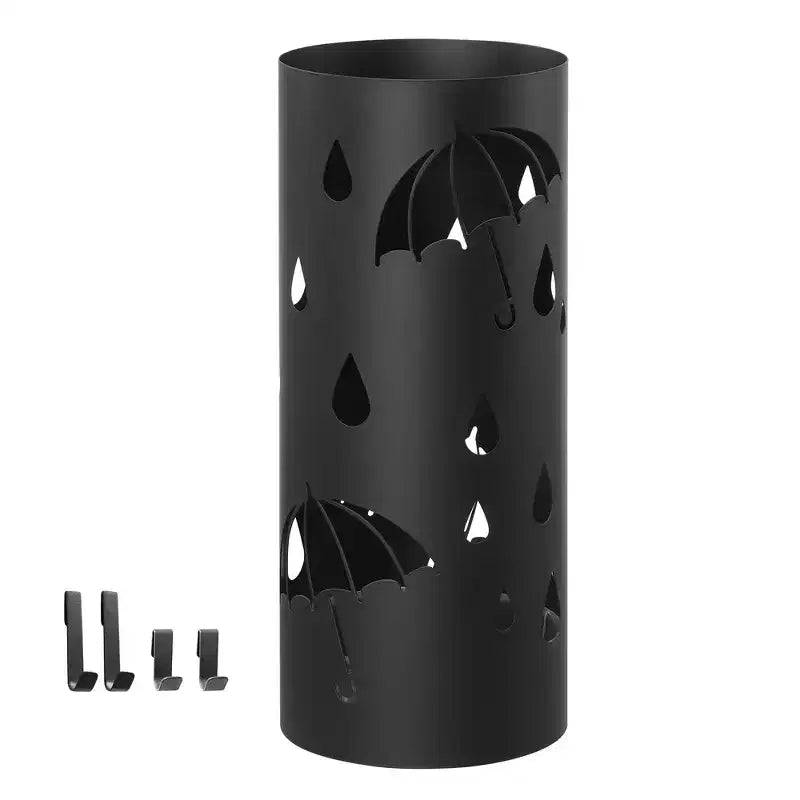 SONGMICS Umbrella Stand, Metal Umbrella Holder for Entryway, with Water Tray and 4 Hooks, 6.7 x 6.7 x 16.1 Inches, Round, Black