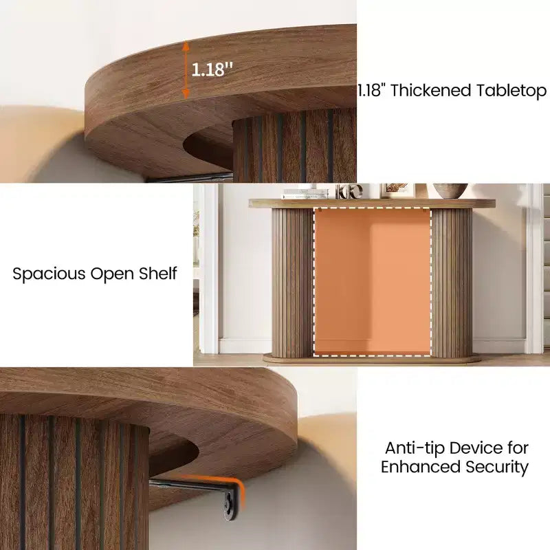 Tavolino moderno ovale scanalato per ingresso 108 cm, Tavolo stretto da divano con ripiano portaoggetti per soggiorno e dietro il divano