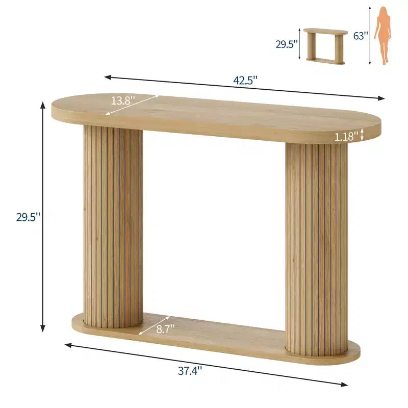 Tavolino moderno ovale scanalato per ingresso 108 cm, Tavolo stretto da divano con ripiano portaoggetti per soggiorno e dietro il divano