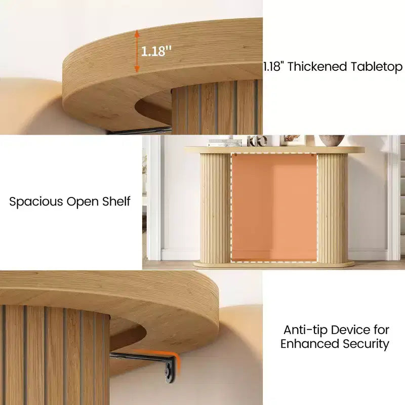 Tavolino moderno ovale scanalato per ingresso 108 cm, Tavolo stretto da divano con ripiano portaoggetti per soggiorno e dietro il divano