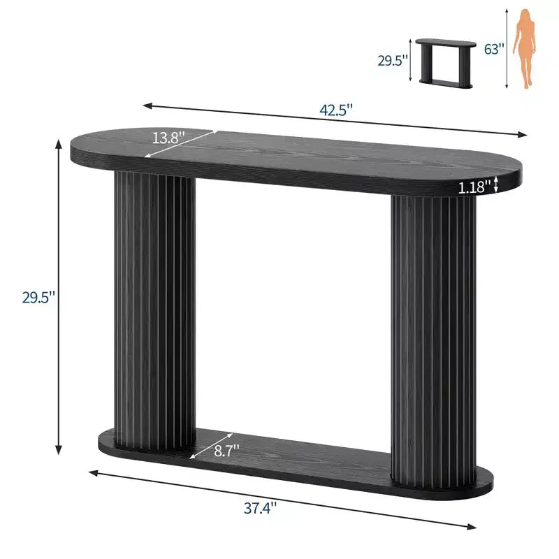 Tavolino moderno ovale scanalato per ingresso 108 cm, Tavolo stretto da divano con ripiano portaoggetti per soggiorno e dietro il divano