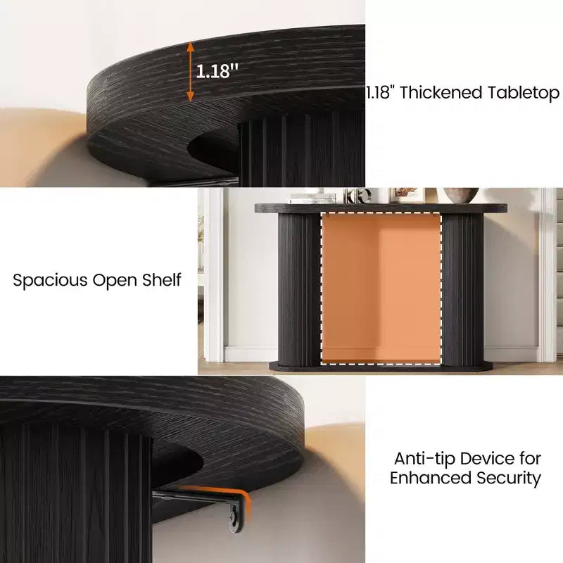 Tavolino moderno ovale scanalato per ingresso 108 cm, Tavolo stretto da divano con ripiano portaoggetti per soggiorno e dietro il divano