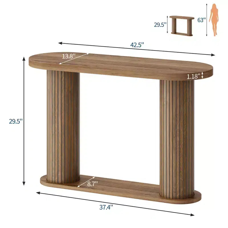 Tavolino moderno ovale scanalato per ingresso 108 cm, Tavolo stretto da divano con ripiano portaoggetti per soggiorno e dietro il divano